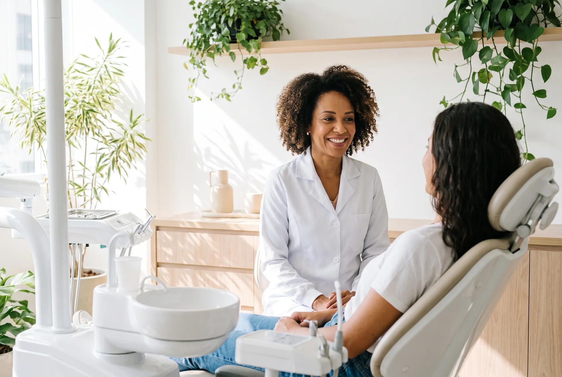 Paciente adulta sorrindo durante atendimento em consultório claro da Lumen Odontologia