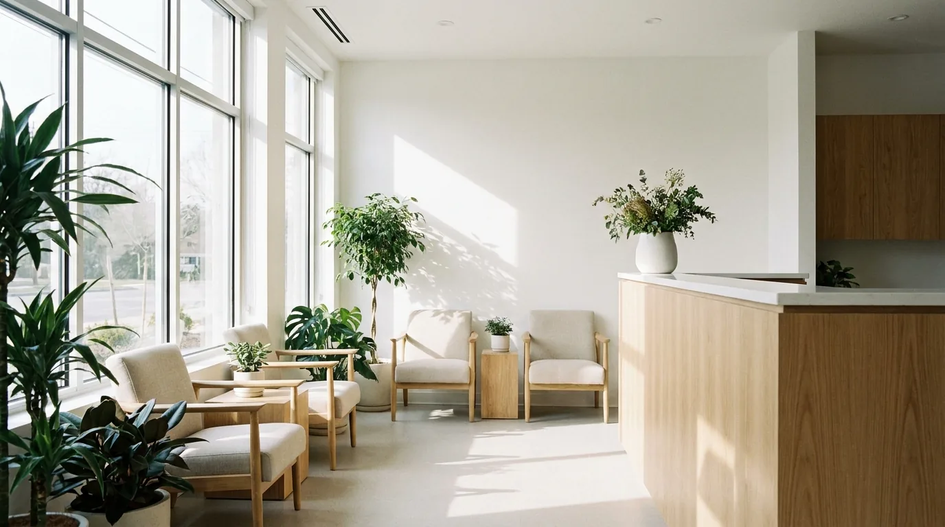 Recepção da Lumen Odontologia com ambiente claro, plantas e assentos confortáveis