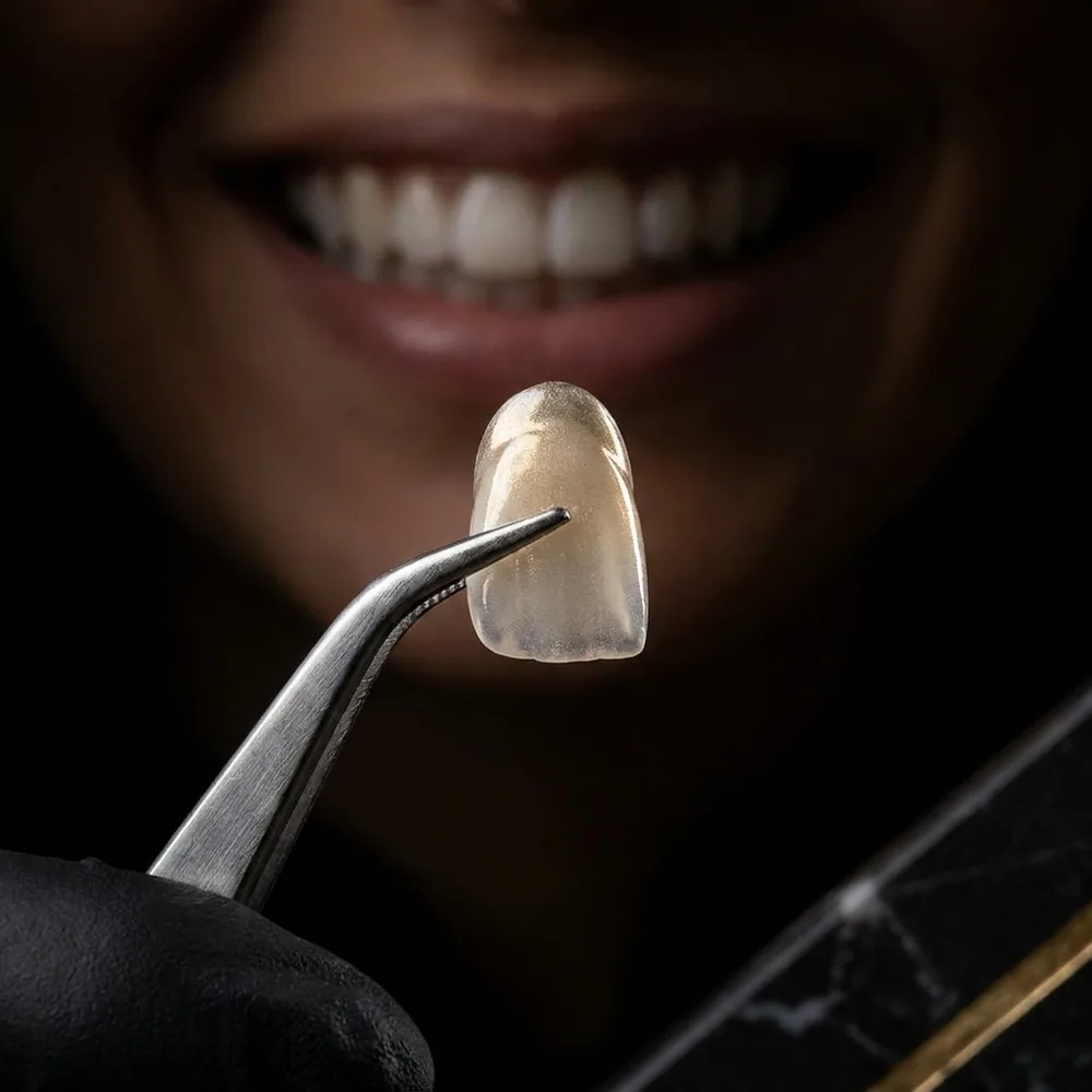 Fotografia macro de uma lente de contato dental de porcelana