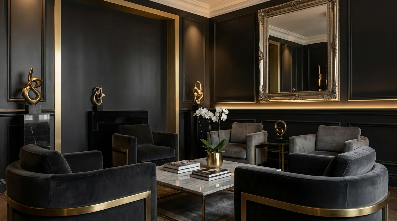 Lounge de espera da clínica com iluminação baixa e sofisticada