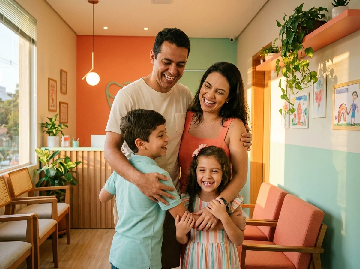 Família sorrindo junta na recepção da Clínica Girassol