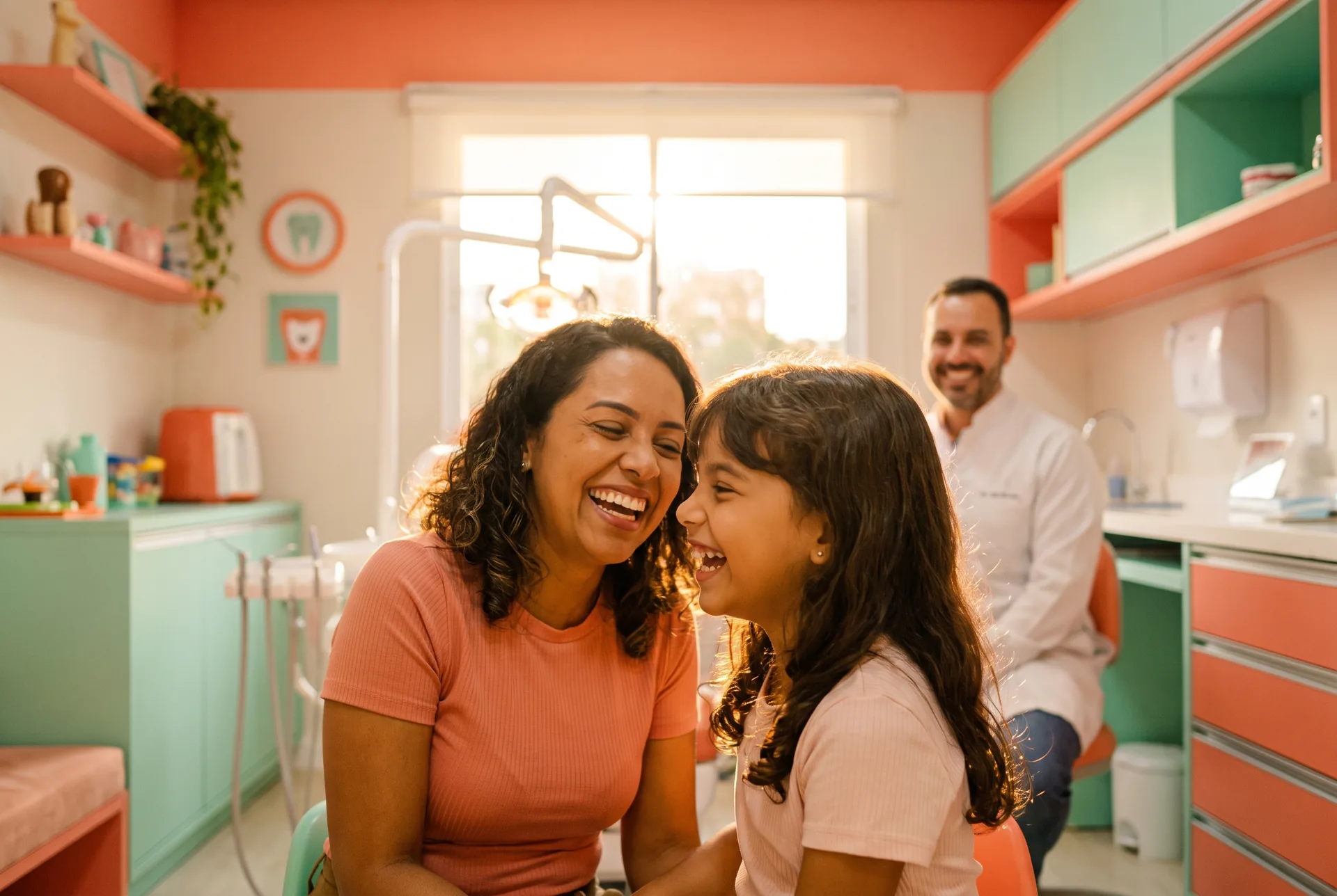 Mãe e filha rindo juntas durante consulta no consultório da Clínica Girassol