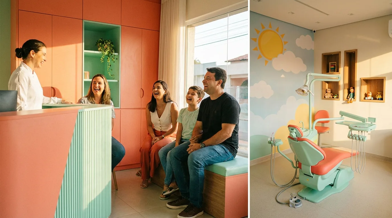 Sala de atendimento pediátrico lúdica e colorida da Clínica Girassol
