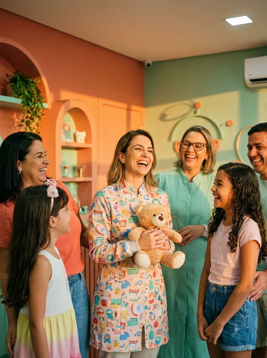 Dra. Luísa Vasconcelos sorrindo, vestindo jaleco divertido com estampas coloridas
