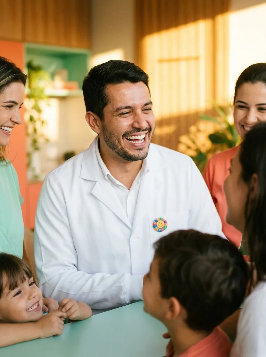 Dr. Caio Bortolini sorrindo com jaleco no consultório