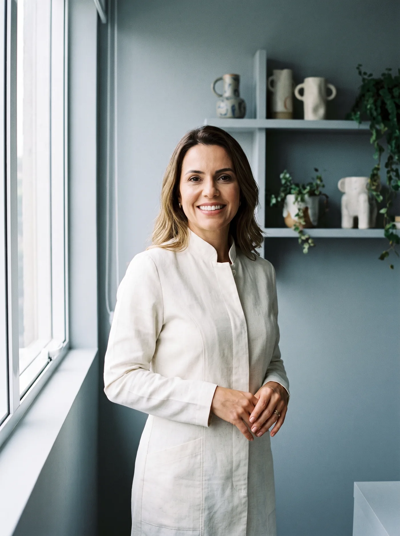 Dra. Helena Vieira, fundadora do studio, de pé no consultório