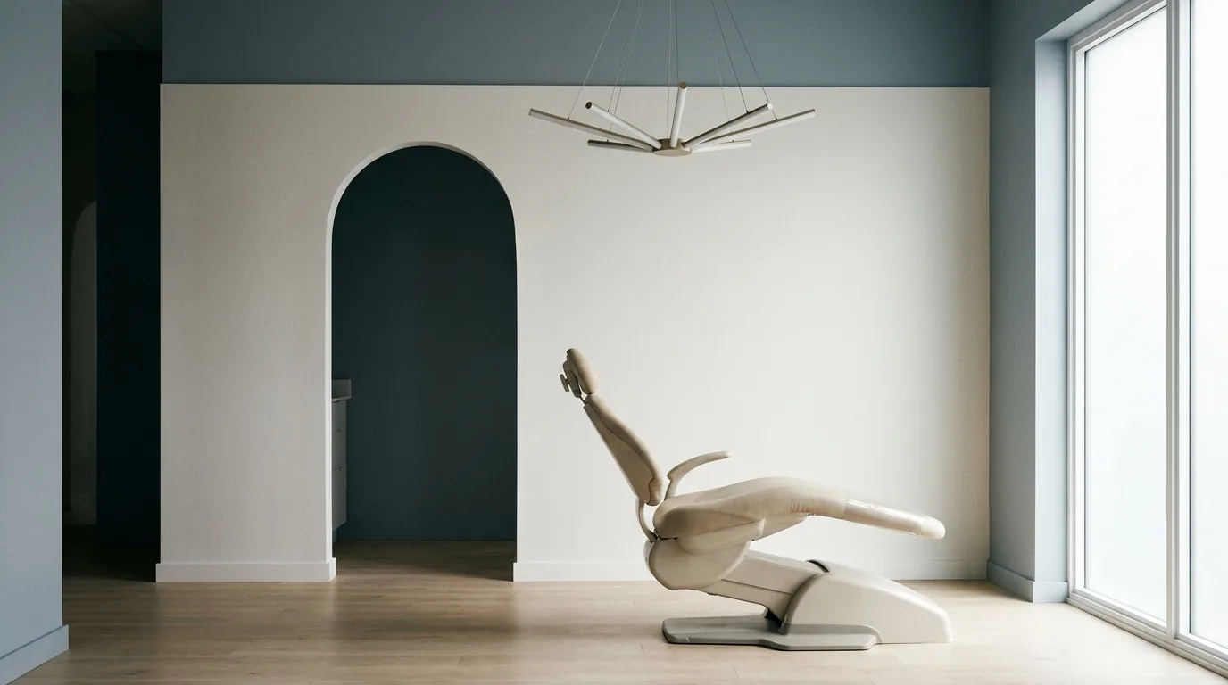 Sala clínica do consultório, com cadeira odontológica e luz natural