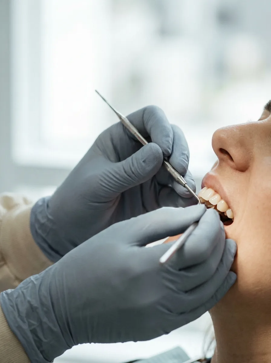 Mãos enluvadas segurando um instrumento odontológico, em close