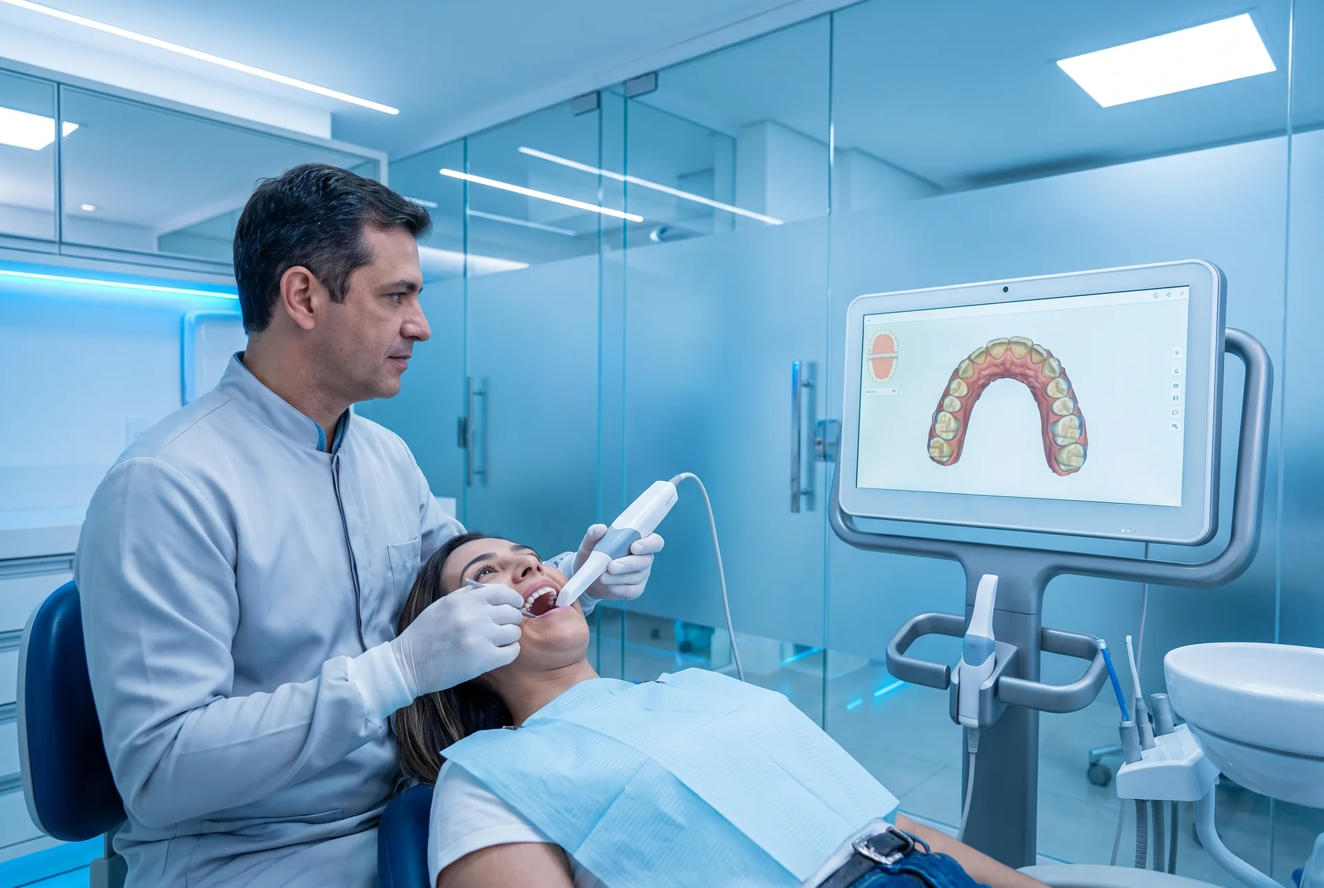 Dentista utilizando scanner intraoral em paciente enquanto o modelo 3D da arcada aparece na tela