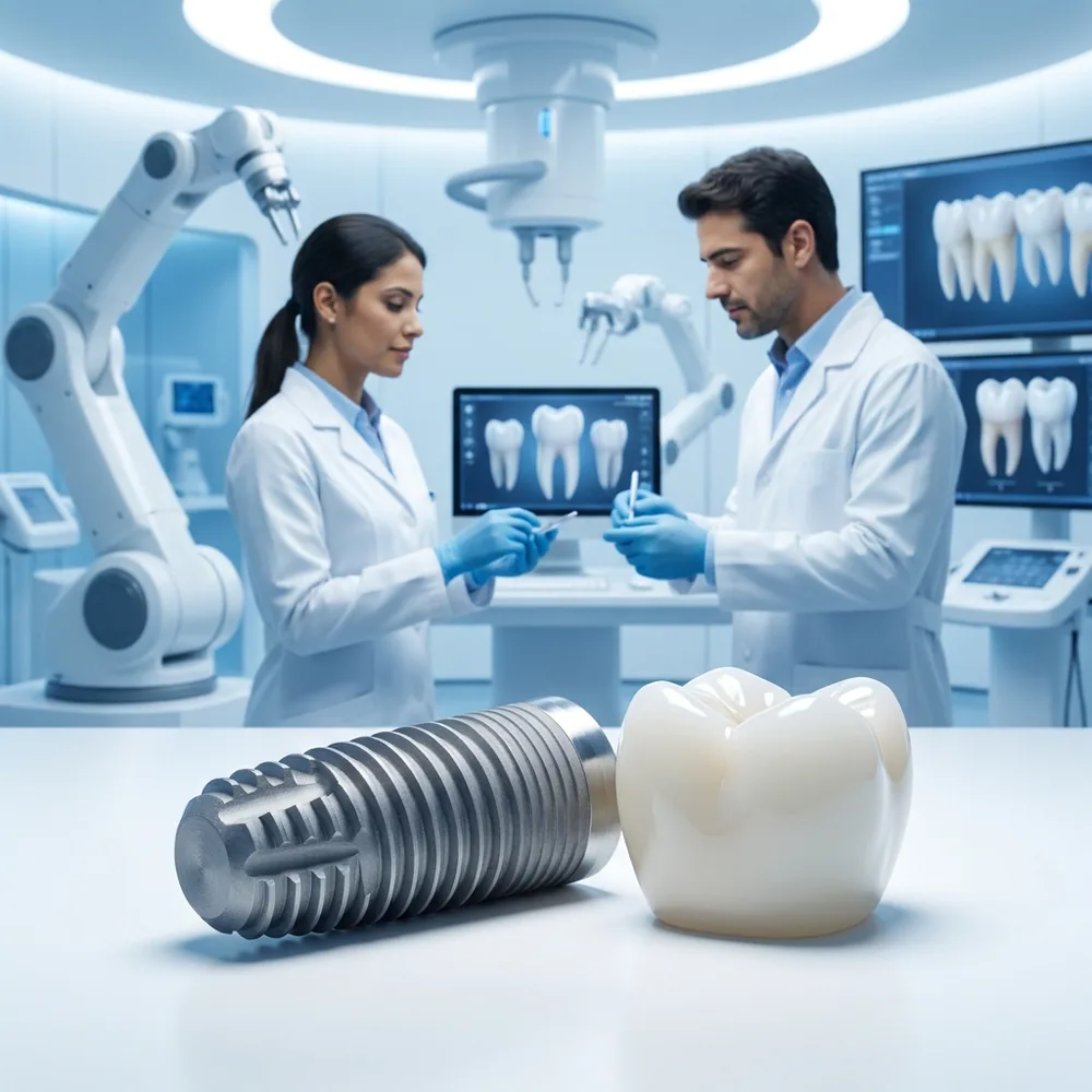 Detalhe macro de um implante dentário de titânio