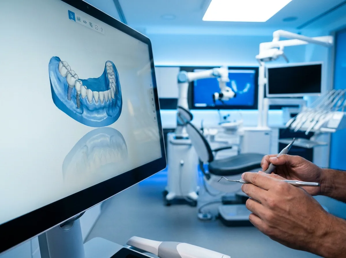 Tela de computador exibindo o planejamento 3D de um implante dentário