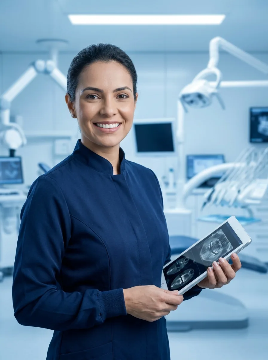 Dra. Paula Coutinho, dentista da Nova Dental, com tablet de planejamento digital